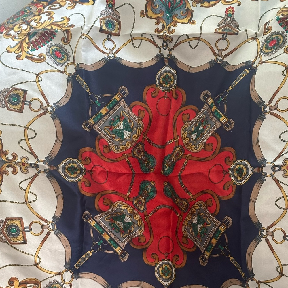 Hermes Scarf with Red, Blue, and Gold Design - Picture 2 of 5